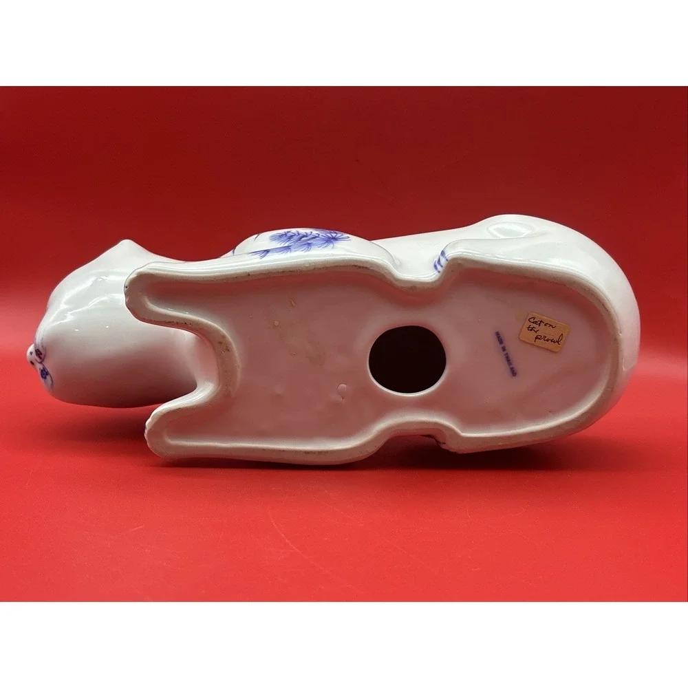 Large Blue & White Ceramic Cat Figurine With Carps Decoration Hand Painted 12